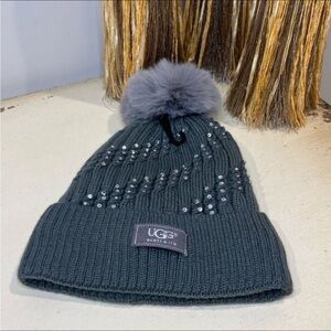 UGG Charcoal Knit Beanie with Pom Pom